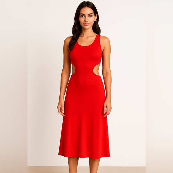 See You Monday Orange Side-Cutout Midi Dress - NWT Size M - Picture 1 of 11